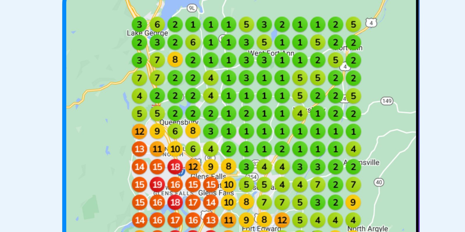 Green Google Maps ranking grid used to track contractor map pack visibility.