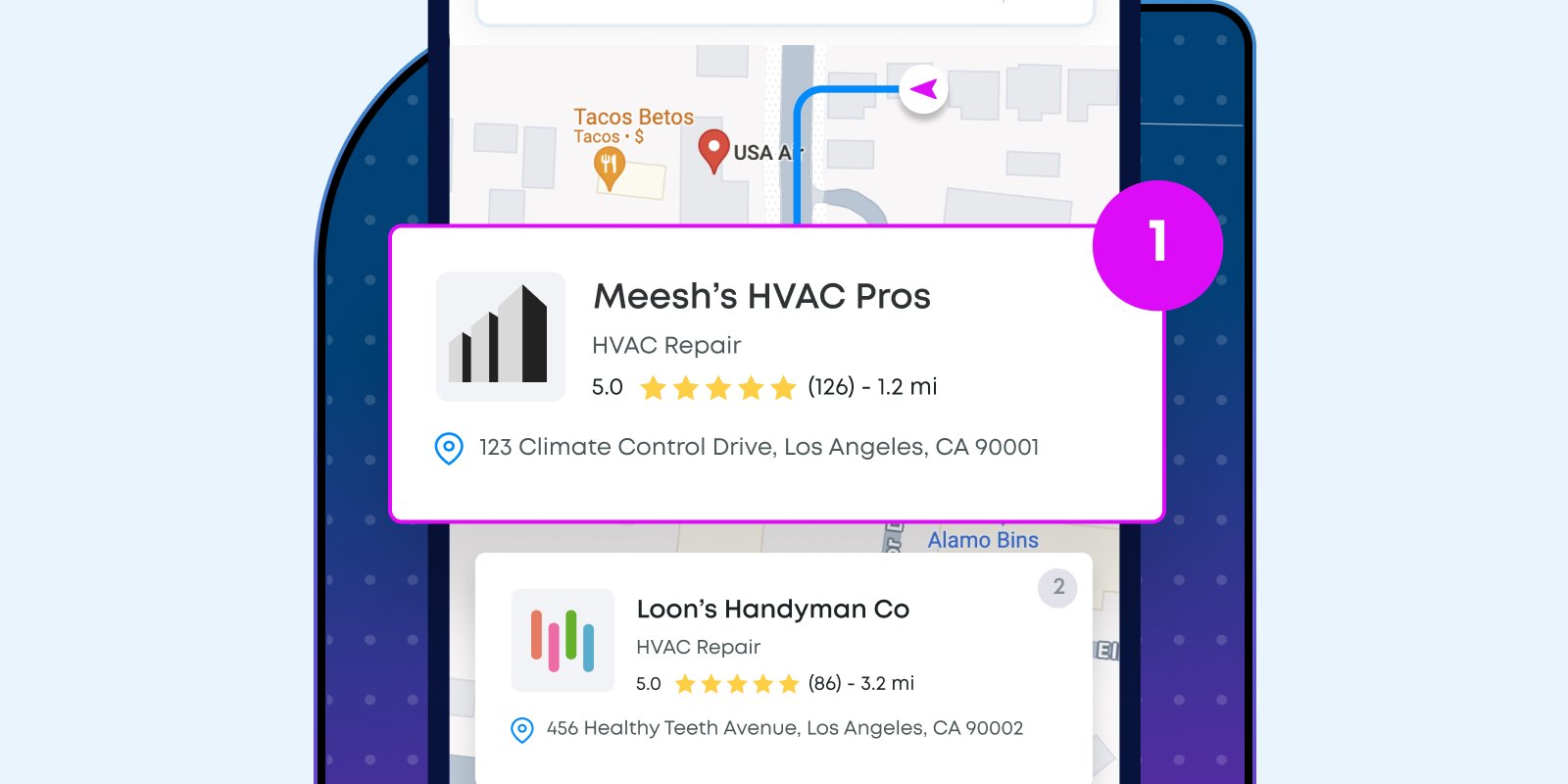 Local SEO product visual showing review, Google profile, and website activity.