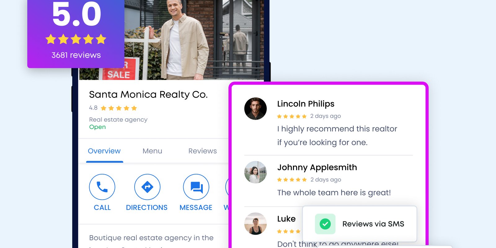 Review management and Google Business Profile activity for local SEO.